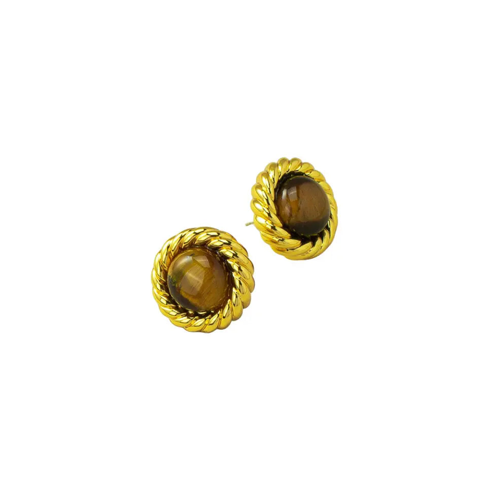 Vintage Spiral Pattern Inlaid Natural Tiger's Eye Ear Studs Shinepurity