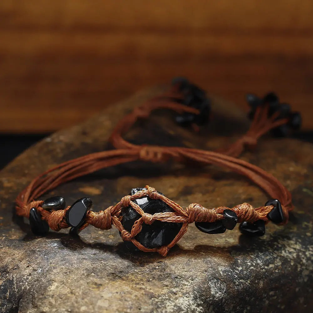 Vintage Style Black Onyx Raw Stone Handmade Woven Bracelet - Shinepurity
