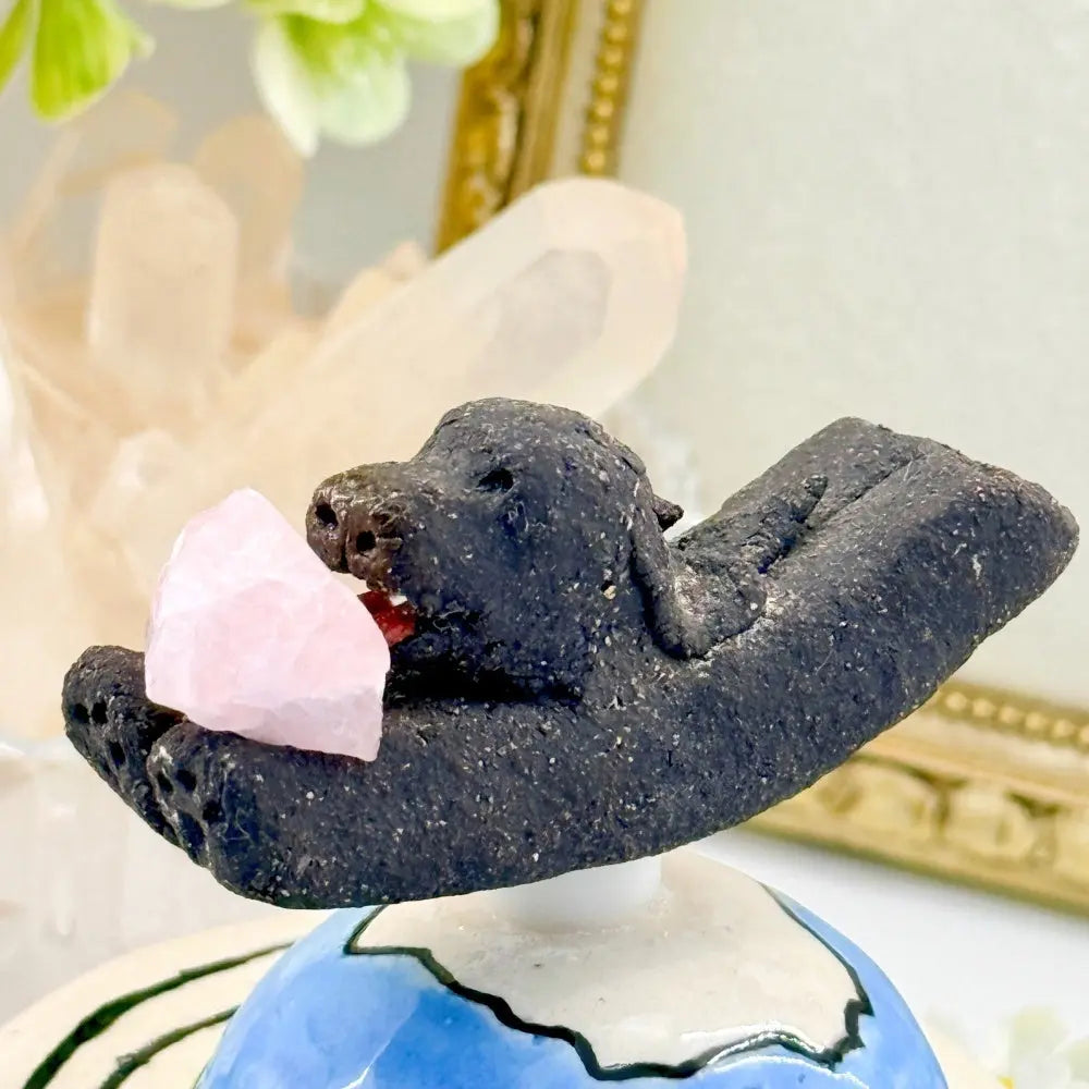 Handcrafted Rose Quartz Traveling Puppy Spinning Figurine Shinepurity