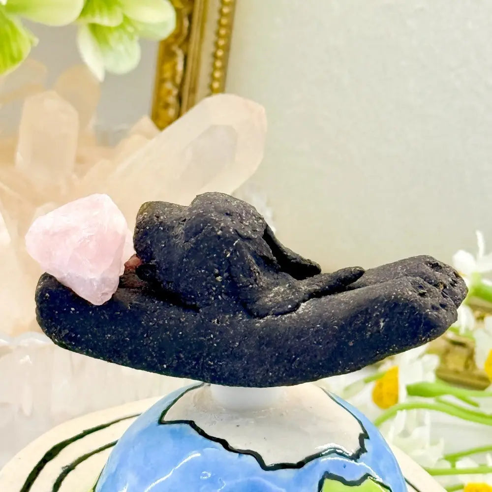 Handcrafted Rose Quartz Traveling Puppy Spinning Figurine Shinepurity