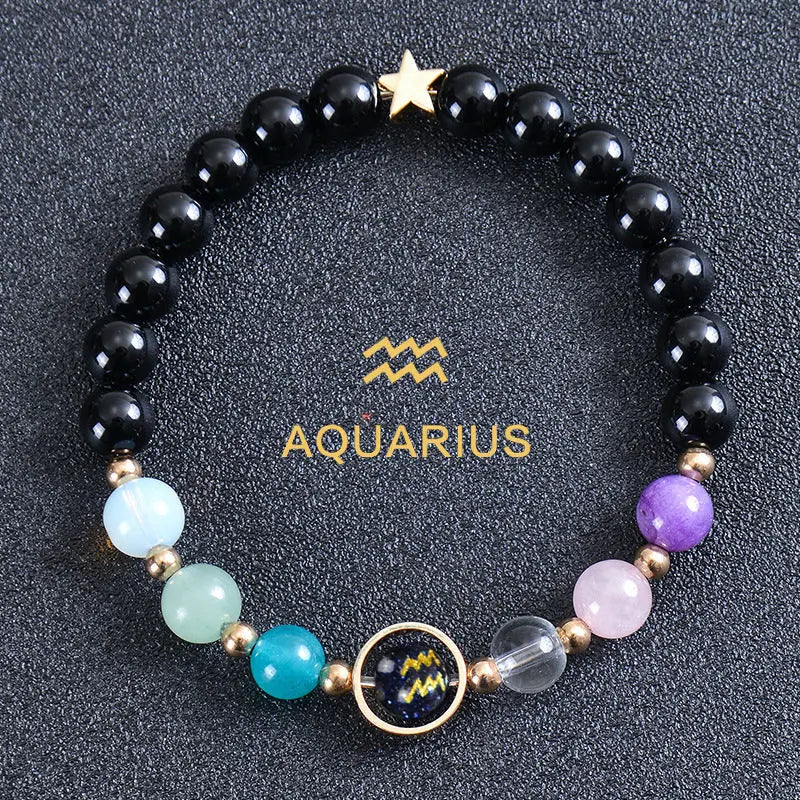 Zodiac Guardian | Blue Sandstone Zodiac Engraved Black Obsidian Bracelet Shinepurity