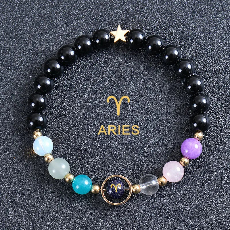 Zodiac Guardian | Blue Sandstone Zodiac Engraved Black Obsidian Bracelet Shinepurity