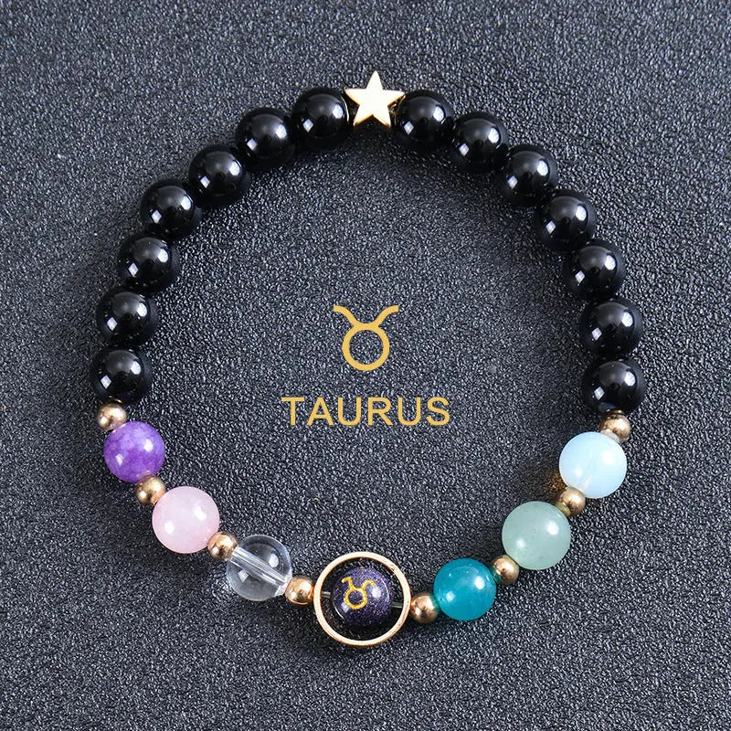 Zodiac Guardian | Blue Sandstone Zodiac Engraved Black Obsidian Bracelet Shinepurity