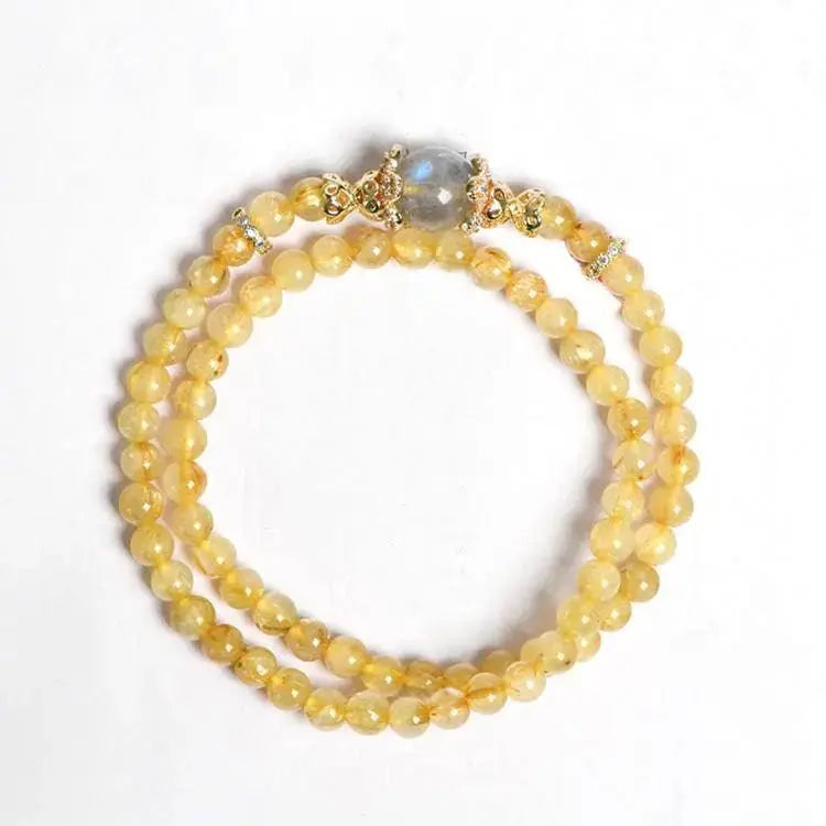 Natural Golden Rutilated Quartz and Grey Moonstone Bracelet