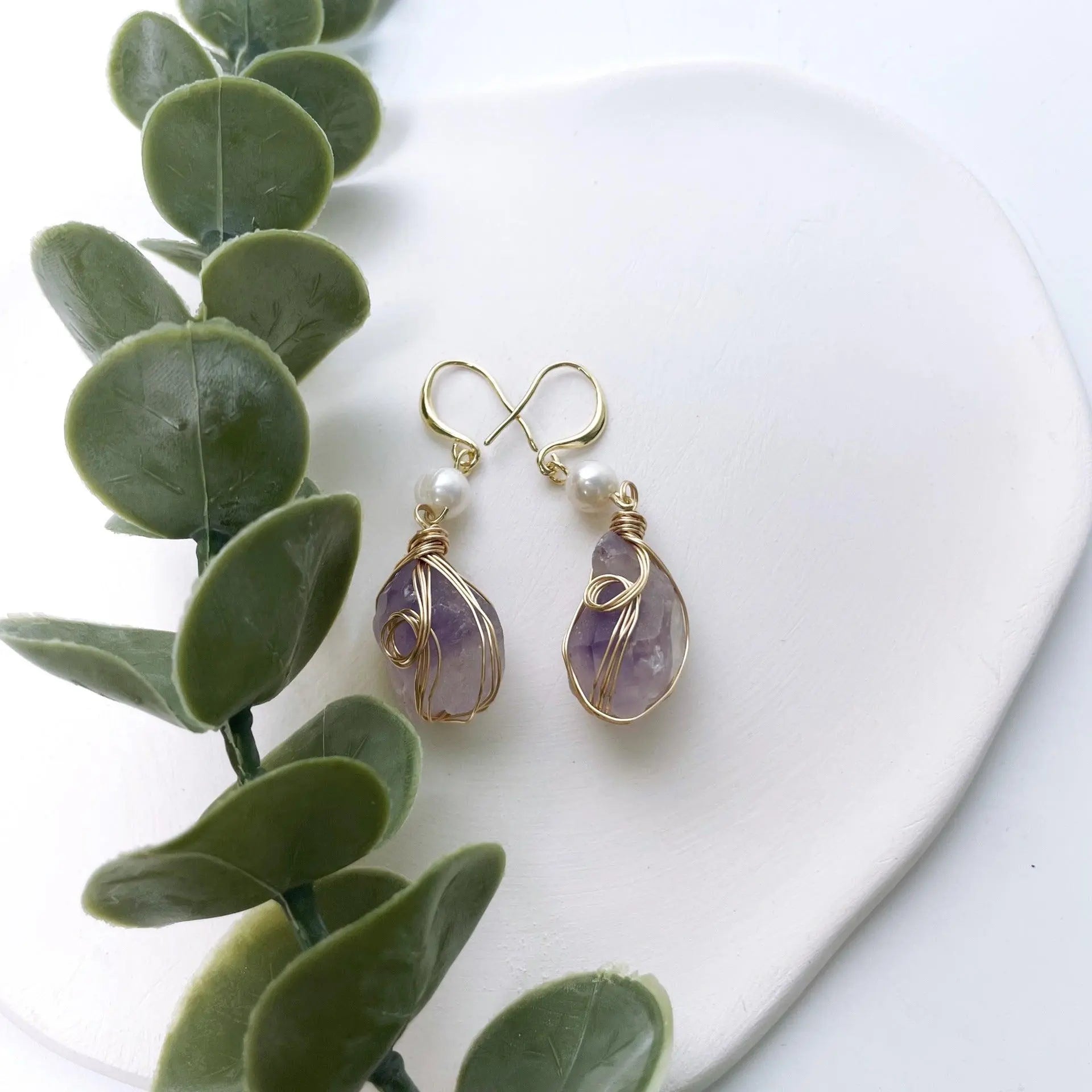 Irregular Geometric Wire-Wrapped Natural Crystal Stone with Freshwater Pearl Earrings - Shinepurity