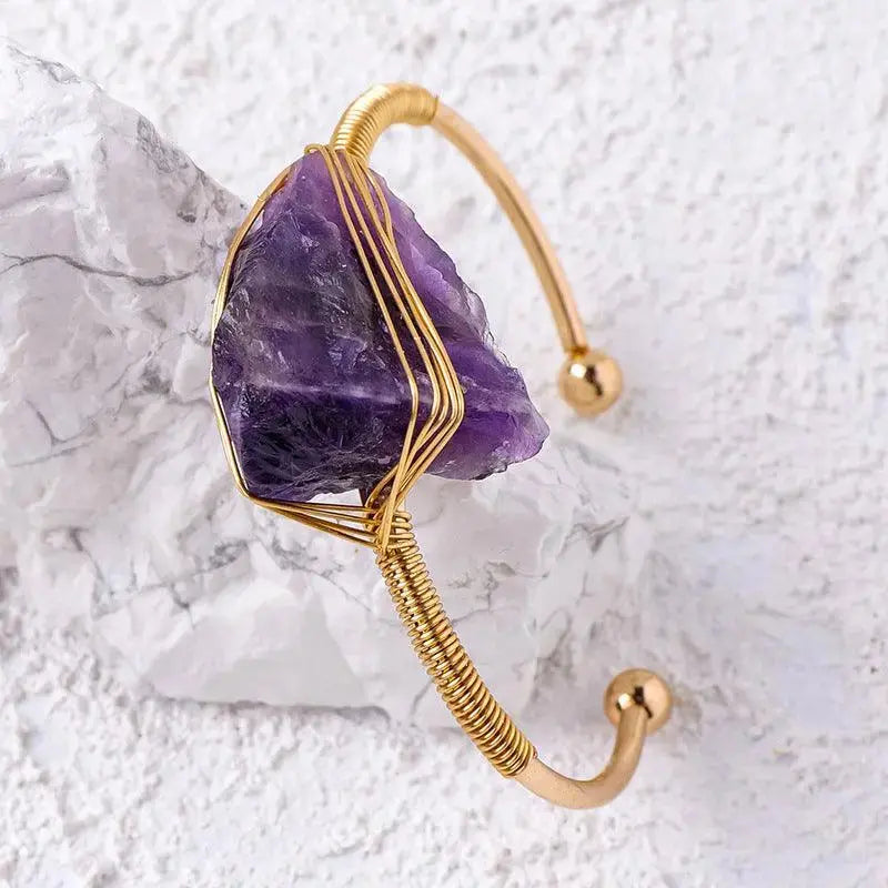 Irregular Crystal Raw Stone Wire-Wrapped Open Bangle - Shinepurity