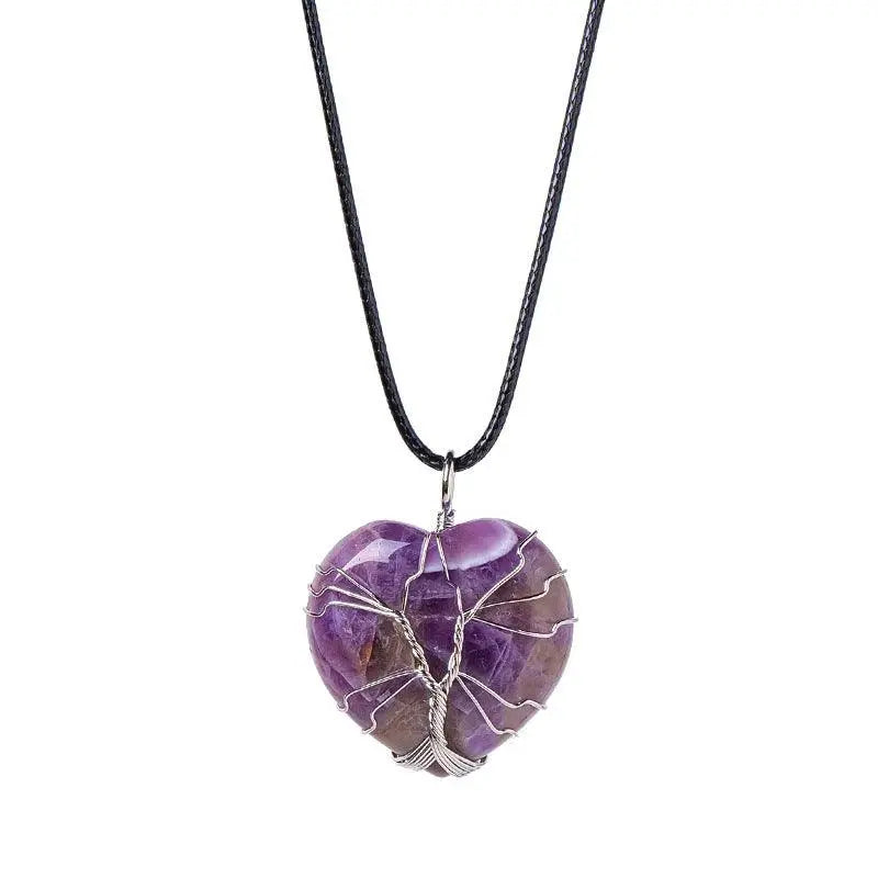 Tree of Life Wire-Wrapped Heart-Shaped Crystal Pendant Necklace - Shinepurity