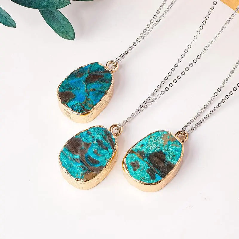 Irregular Gold-Plated Blue Apatite Raw Stone Pendant Necklace - Shinepurity