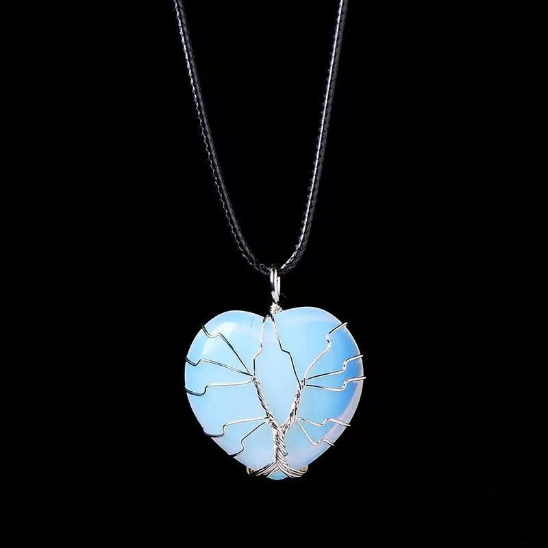 Tree of Life Wire-Wrapped Heart-Shaped Crystal Pendant Necklace - Shinepurity