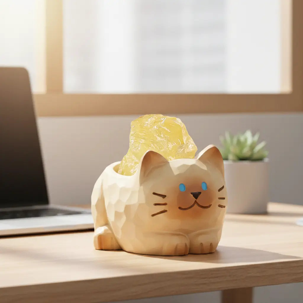 Crystal Cat Resin Decor -Resting Cat with Natural Crystal Shinepurity