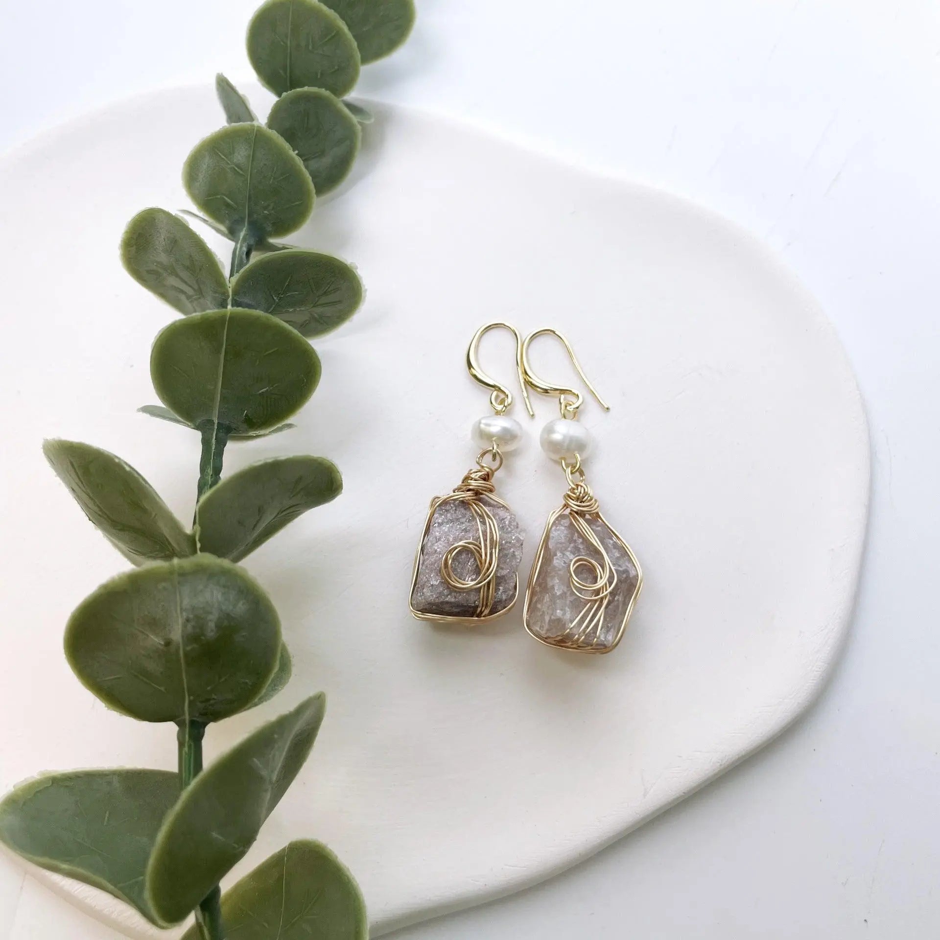 Irregular Geometric Wire-Wrapped Natural Crystal Stone with Freshwater Pearl Earrings - Shinepurity