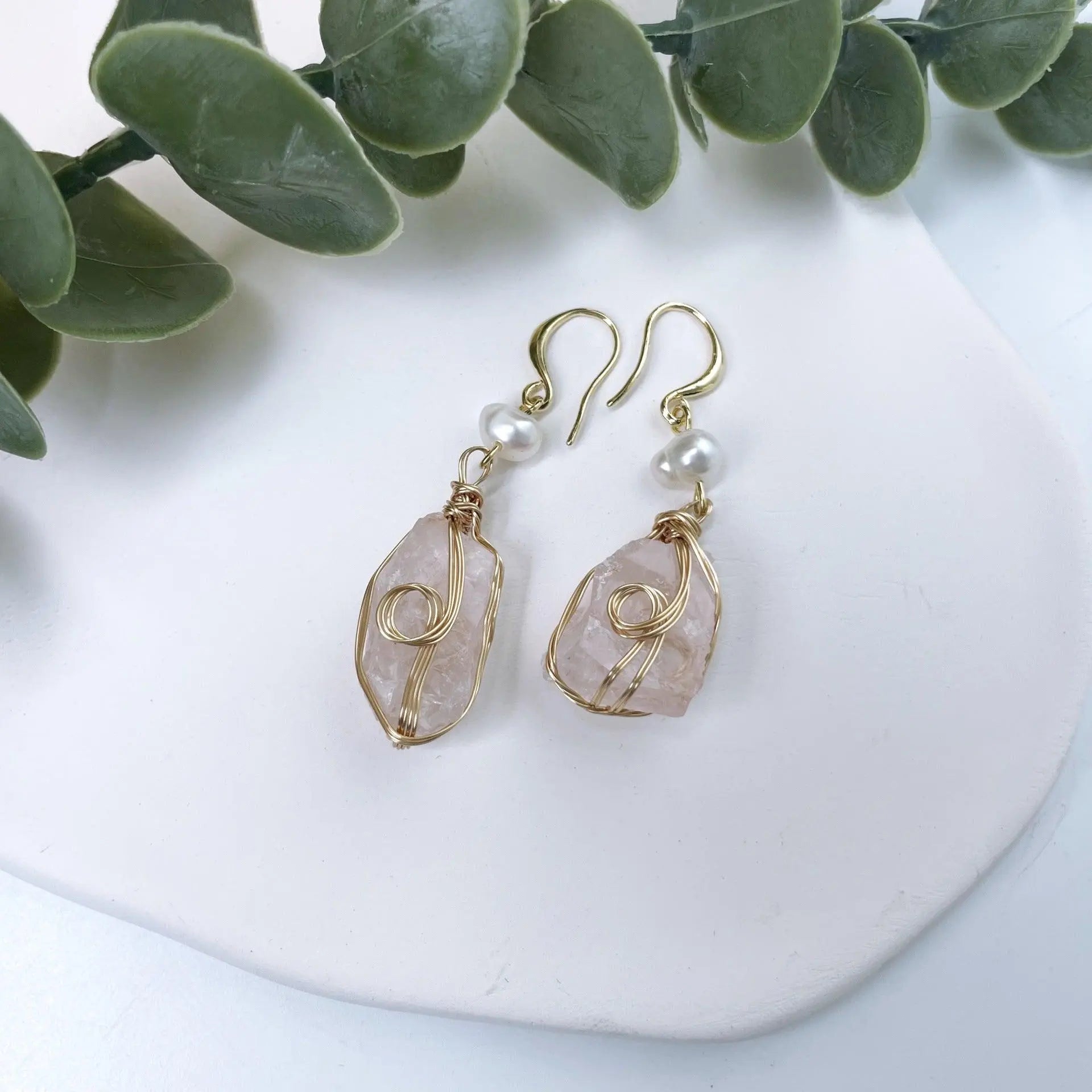 Irregular Geometric Wire-Wrapped Natural Crystal Stone with Freshwater Pearl Earrings - Shinepurity