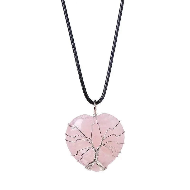 Tree of Life Wire-Wrapped Heart-Shaped Crystal Pendant Necklace - Shinepurity