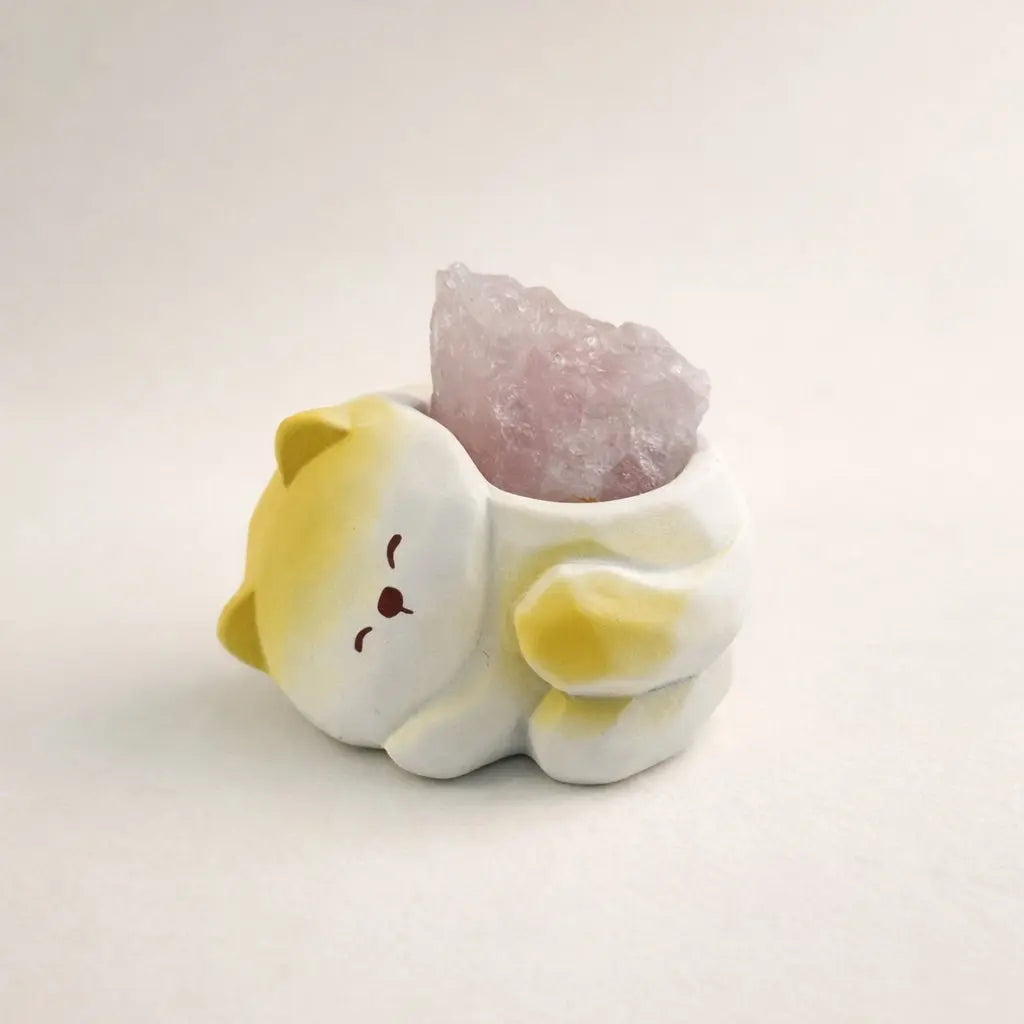 Crystal Puppy Desk Decor Set - Resin Sleeping Dog with Natural Raw Crystals Shinepurity