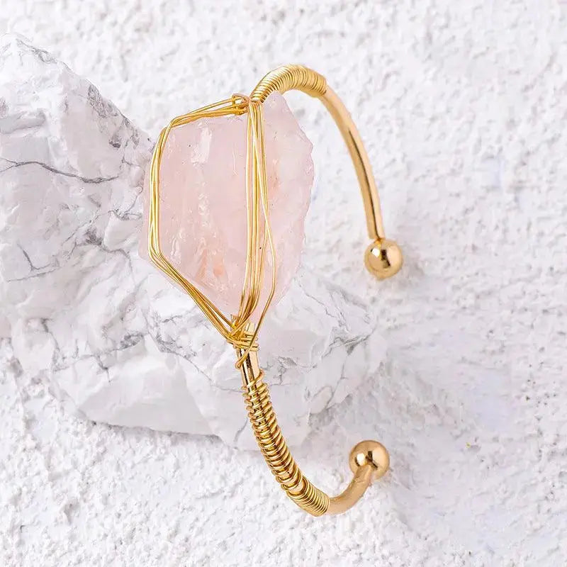Irregular Crystal Raw Stone Wire-Wrapped Open Bangle - Shinepurity
