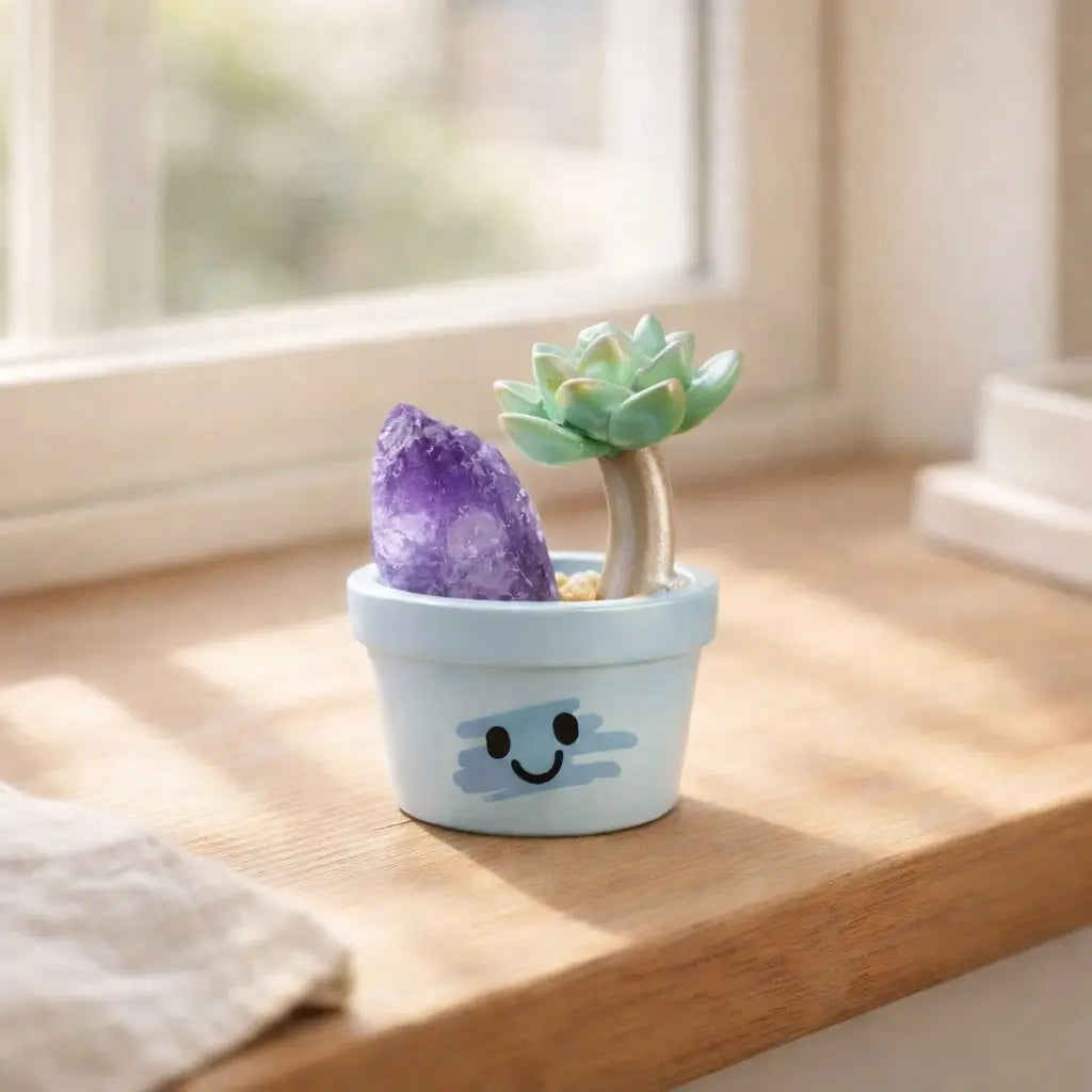 Crystal Succulent Smile Pot — Mini Handmade Desk Decor with Natural Crystal Shinepurity