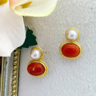 Handmade Vintage Luxury Nanhong Agate Pearl Stud Earrings Shinepurity