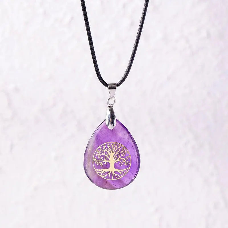 Natural Crystal Raw Teardrop Tree of Life Energy Pendant Necklace - Shinepurity