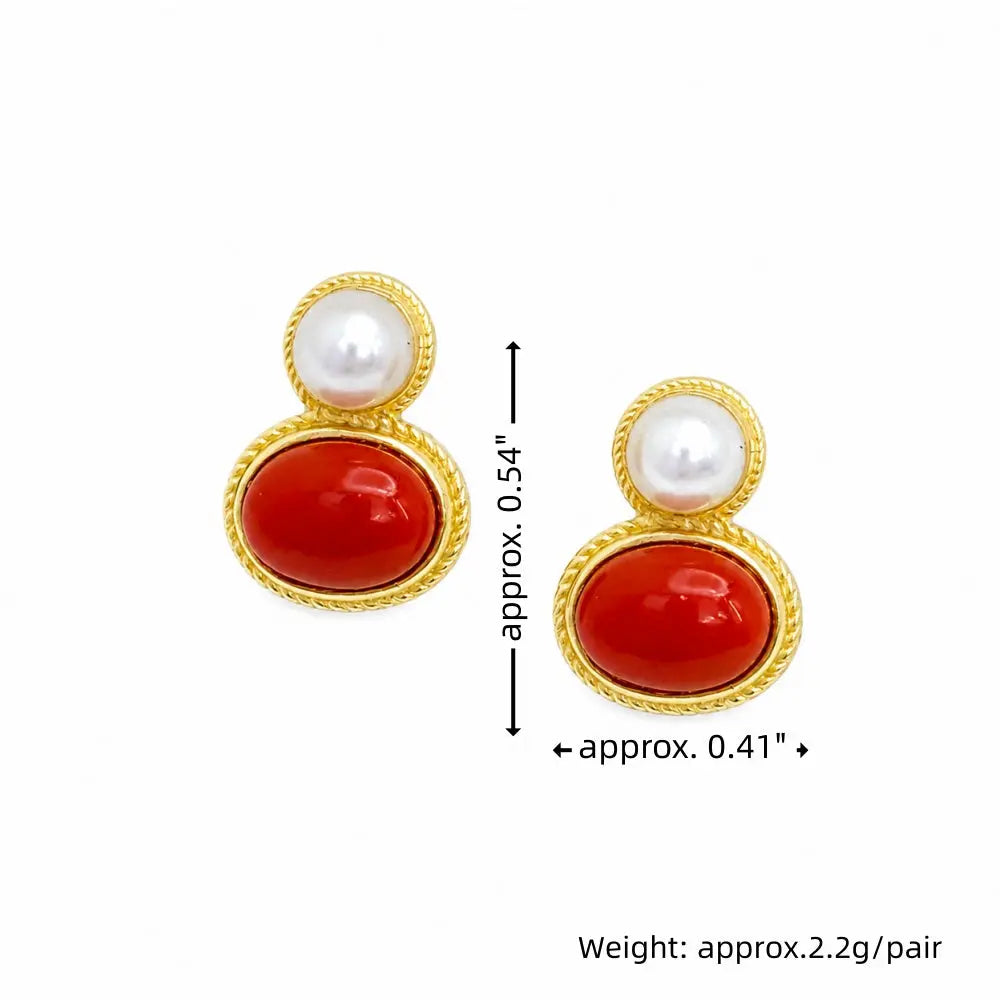 Handmade Vintage Luxury Nanhong Agate Pearl Stud Earrings Shinepurity