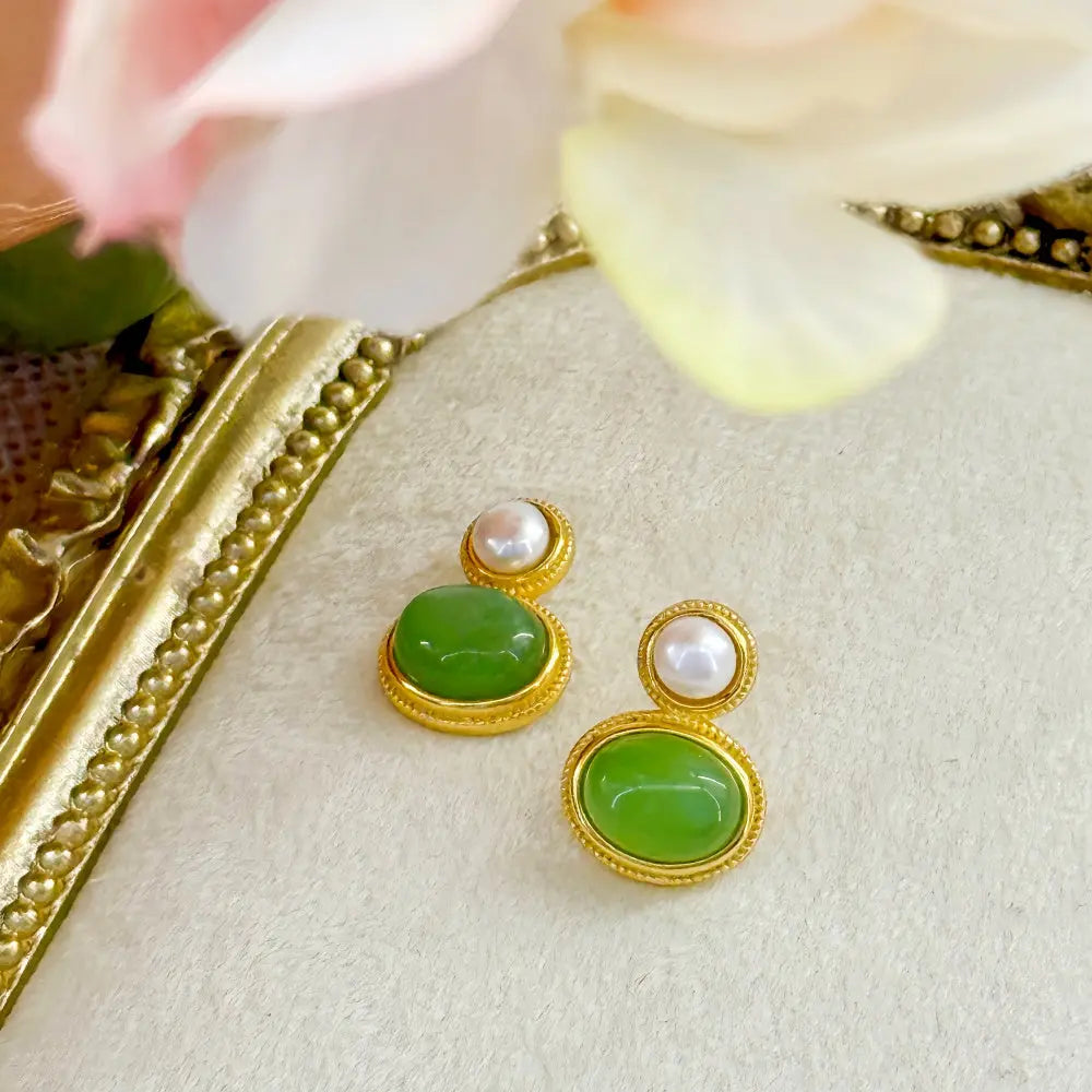 Handmade Elegant Green Jasper Pearl Stud Earrings Shinepurity