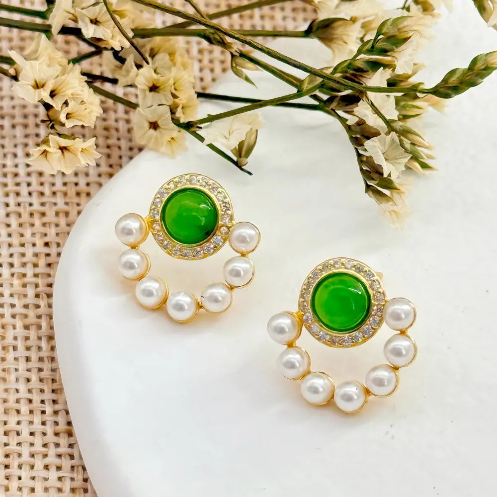 Handmade Elegant Vintage Pearl & Green Jasper Stud Earrings Shinepurity