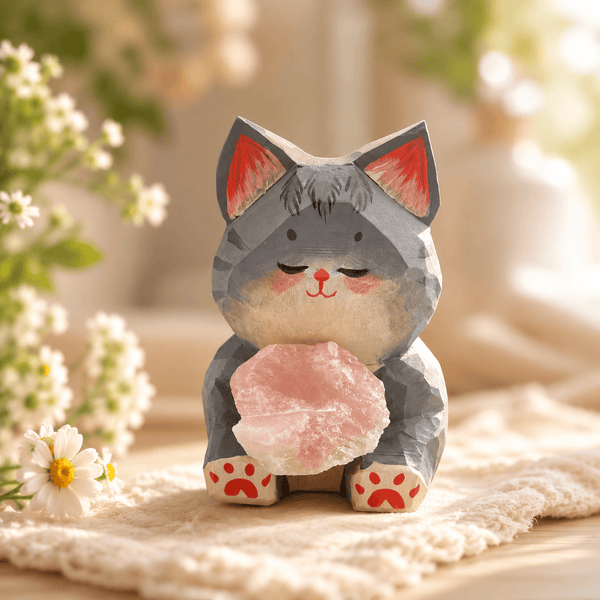 Hand-Carved Wooden Cat Holding Rose Quartz