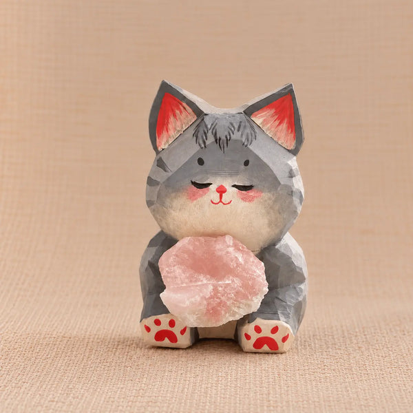 Hand-Carved Wooden Cat Holding Rose Quartz