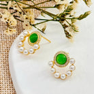 Handmade Elegant Vintage Pearl & Green Jasper Stud Earrings Shinepurity