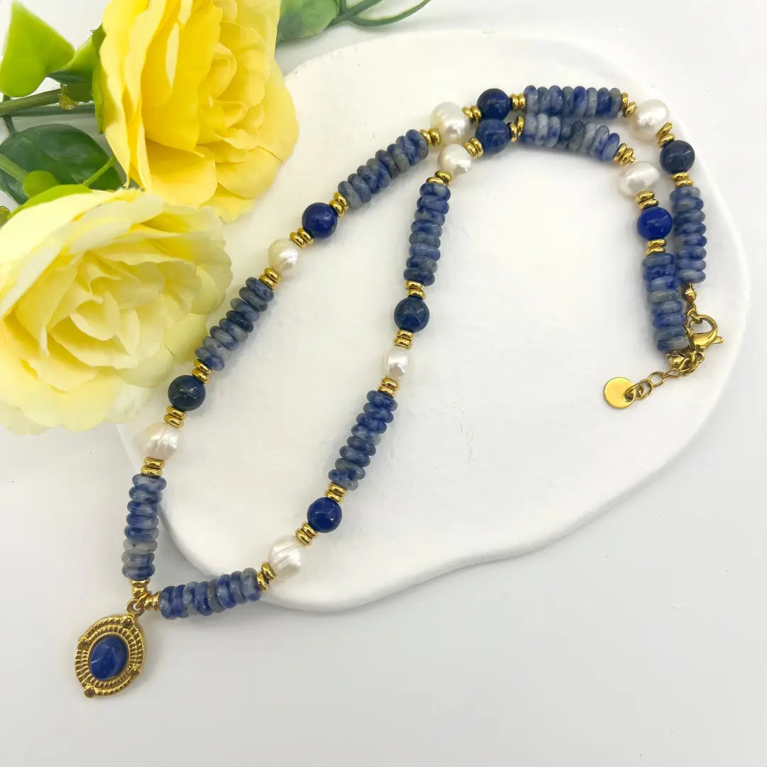 Freshwater Pearl & Lapis Lazuli Vintage Pendant Necklace Shinepurity