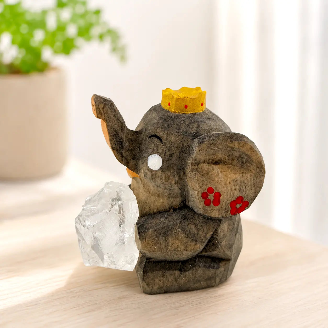 Crown Elephant with Clear Quartz Handmade Crystal Decor Shinepurity
