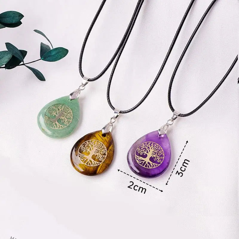 Natural Crystal Raw Teardrop Tree of Life Energy Pendant Necklace - Shinepurity