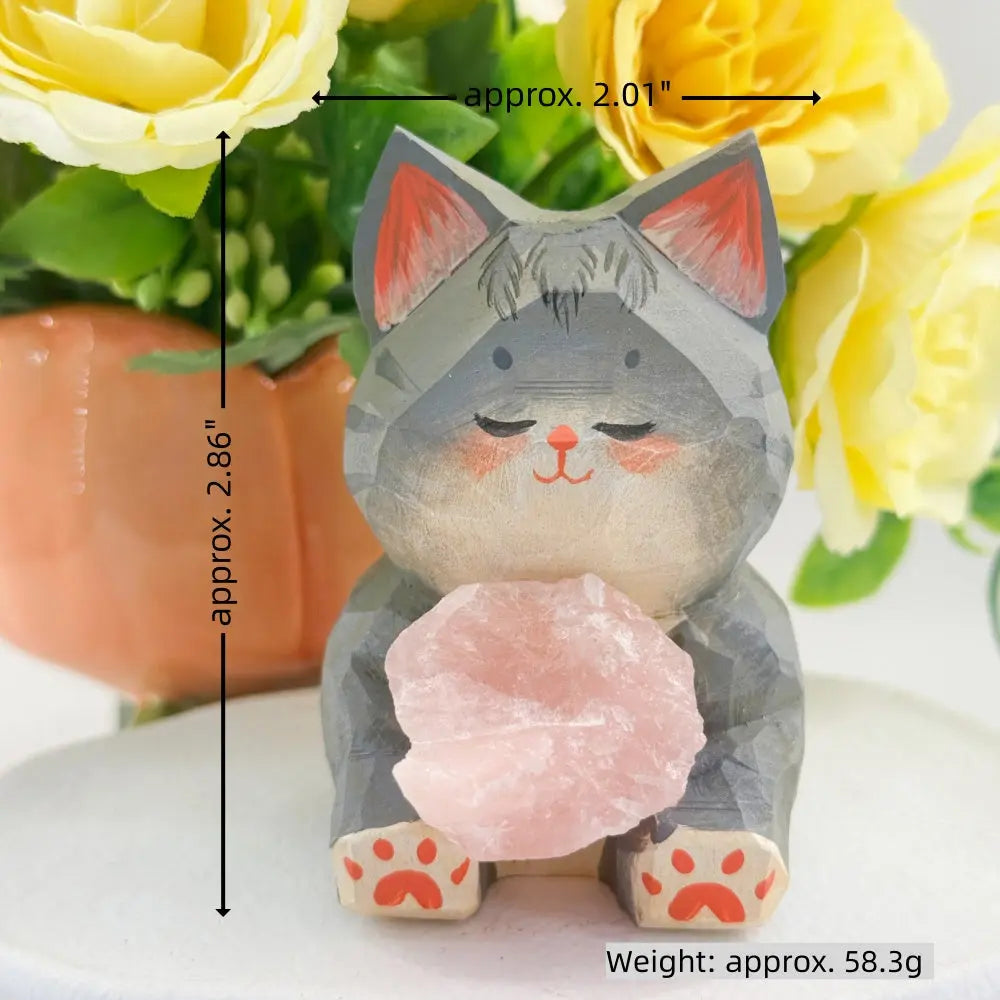 Hand-Carved Wooden Cat Holding Rose Quartz Shinepurity