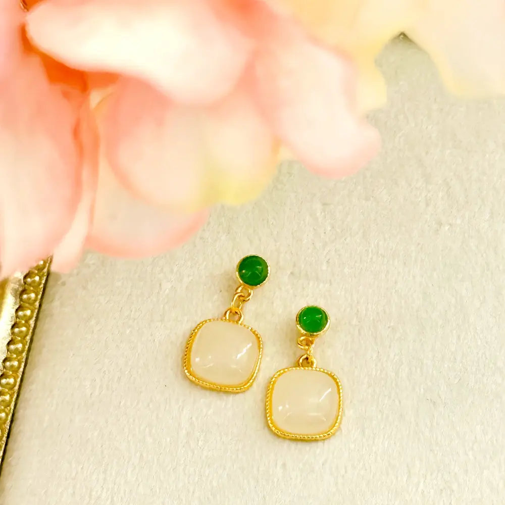 Handmade Minimalist Green Jasper & White Jade Stud Earrings Shinepurity