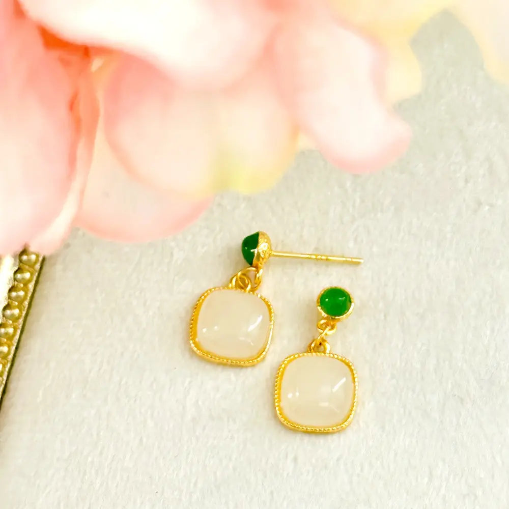 Handmade Minimalist Green Jasper & White Jade Stud Earrings Shinepurity
