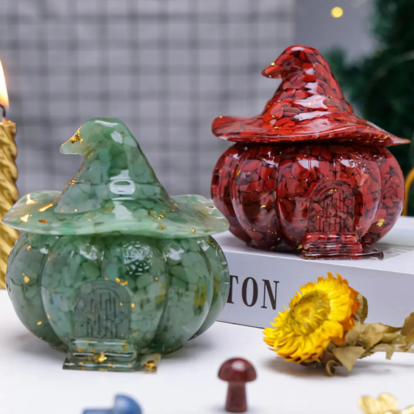 Witch Pumpkin House Natural Crystal Chip Resin Storage Box Candy Jar Shinepurity