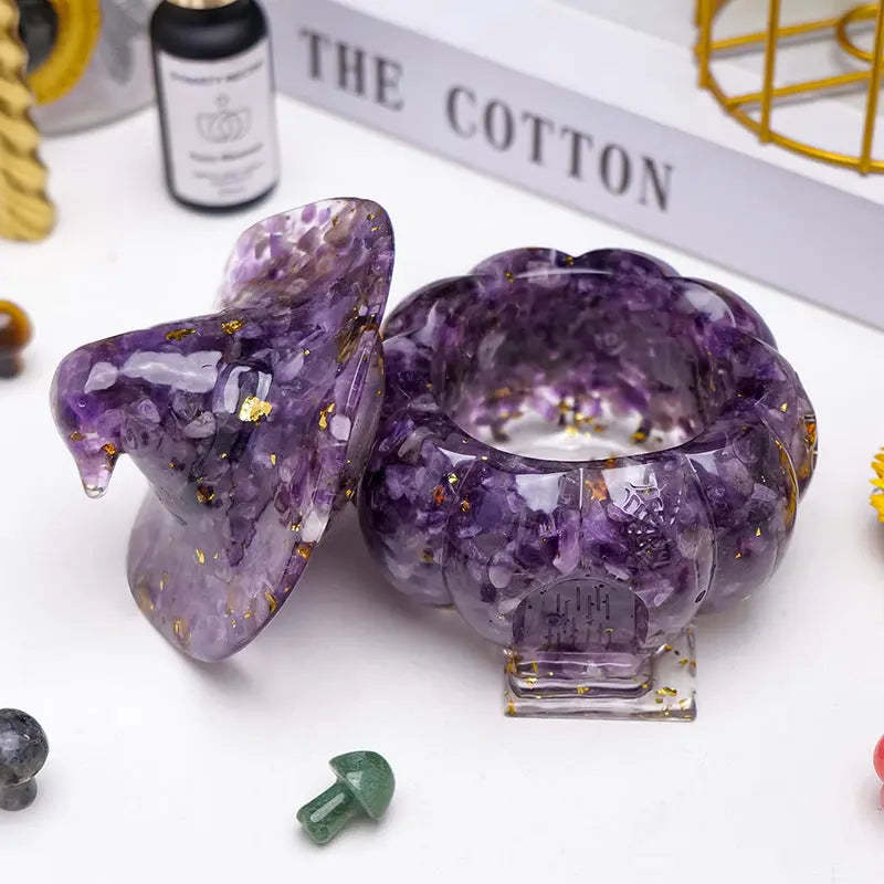 Witch Pumpkin House Natural Crystal Chip Resin Storage Box Candy Jar Shinepurity