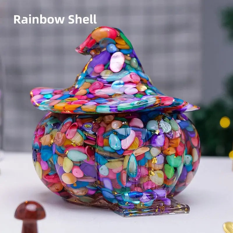 Witch Pumpkin House Natural Crystal Chip Resin Storage Box Candy Jar Shinepurity