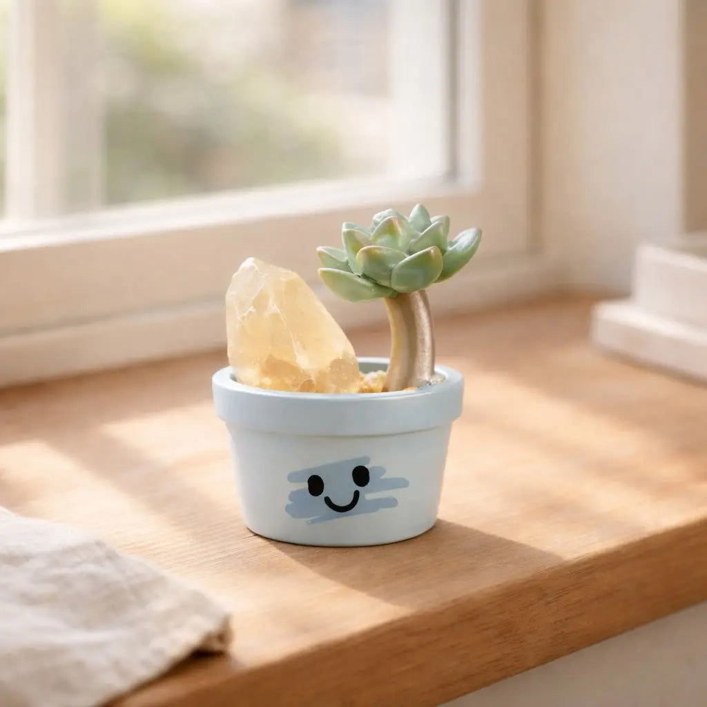 Crystal Succulent Smile Pot — Mini Handmade Desk Decor with Natural Crystal Shinepurity